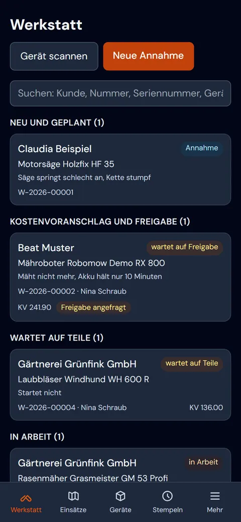dxService auf dem Handy: Werkstatt