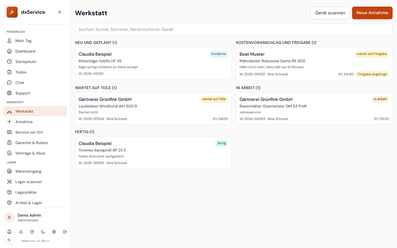dxService: Werkstattaufträge nach Status