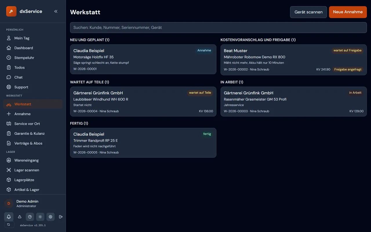 dxService: Werkstattaufträge nach Status